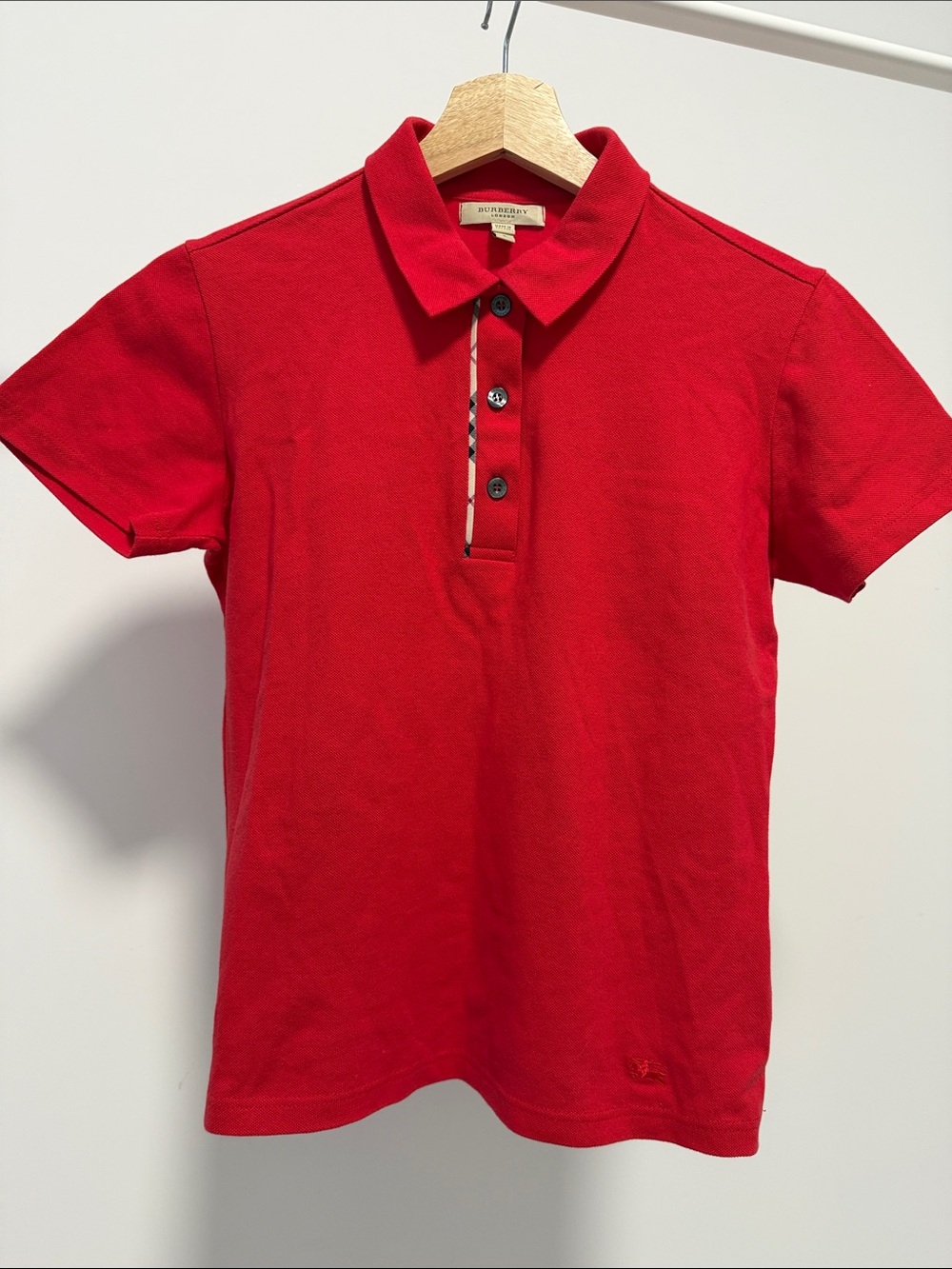 Like New!!! Burberry Woman Bright Red Short Sleeve Polo with Plaid Placket.